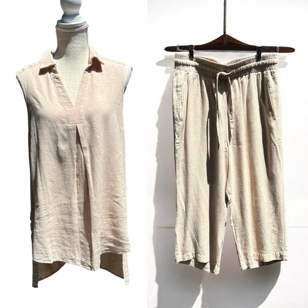 🌻 Sharagano Tan Bohemian Lagenlook Minimalist 2-Piece Top & Pants Set Size L